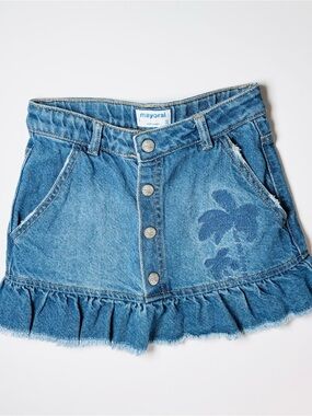 Mayoral Kids Tropical Palm Tree Ruffle Denim Mini Skirt Coastal Reserve Boho 5Y